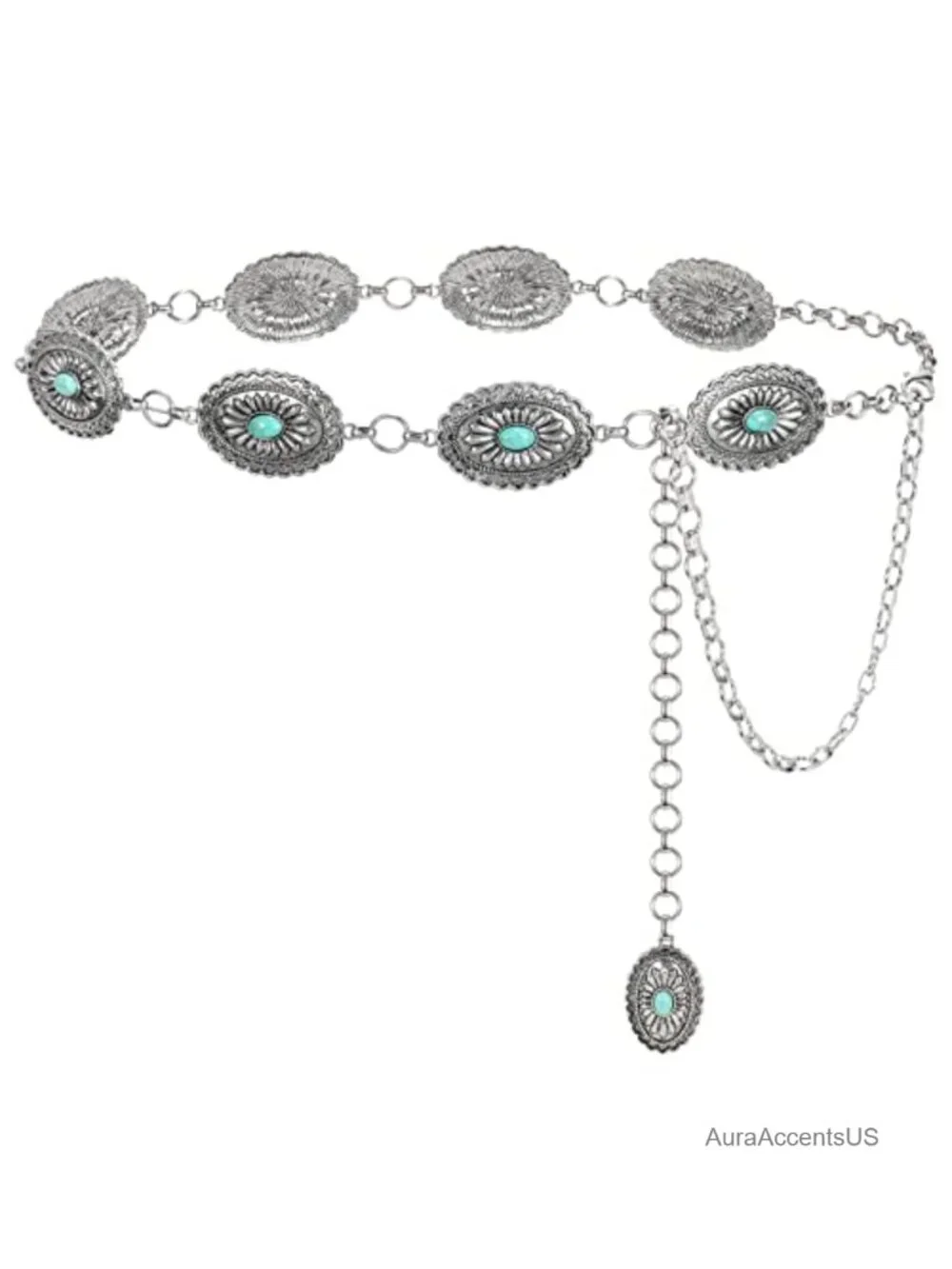 Women's Turquoise Concho Chain Waist Belt Silver Metal Alloy Adjustable Western